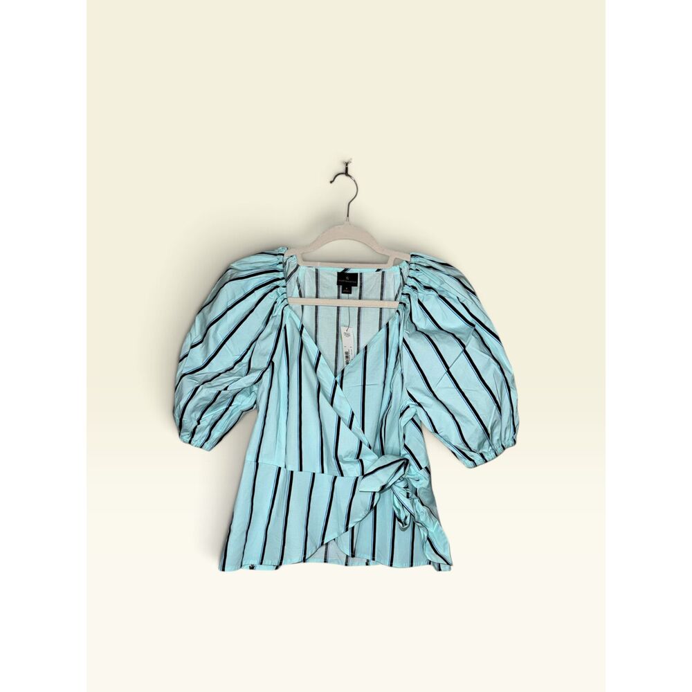 Worthington Women's Aqua Stripe Wrap Blouse Puff Sleeve Tie Waist S NWT